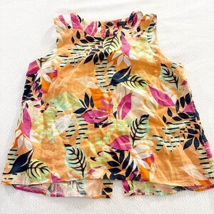 Kaari Blue Multicolor Leaf Print Top. Large. 100% Linen